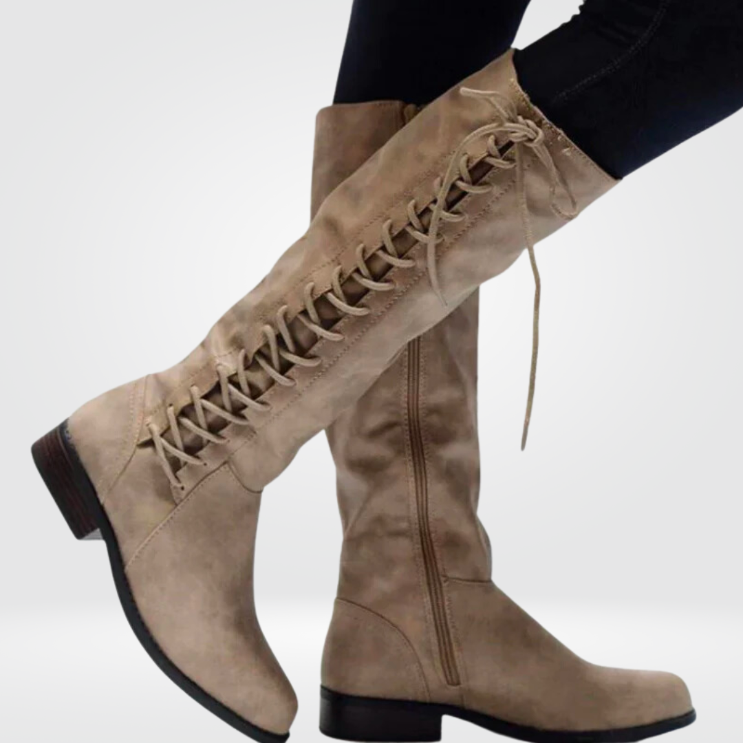 Women's Knee-High Boots with Lace-Up Detail and Block Heel - Beige
