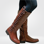 Women's Knee-High Boots with Lace-Up Detail and Block Heel - Brown