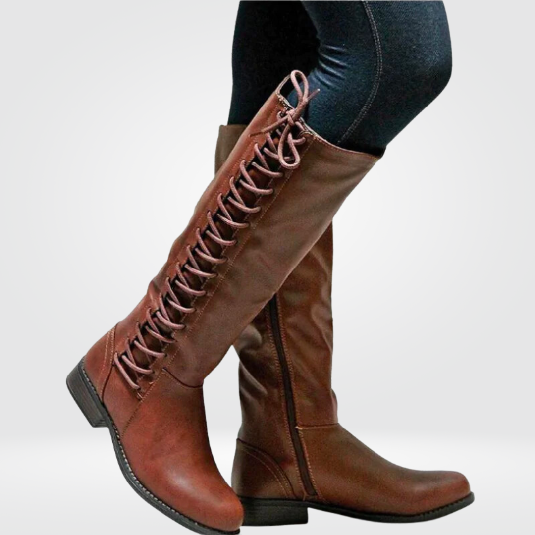 Women's Knee-High Boots with Lace-Up Detail and Block Heel - Brown