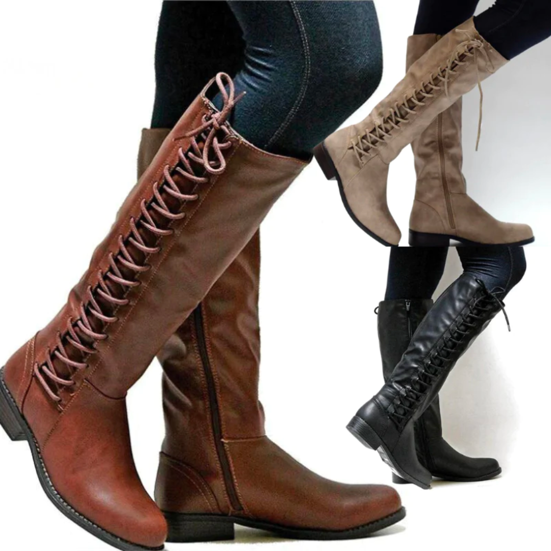 Women's Knee-High Boots with Lace-Up Detail and Block Heel - 2