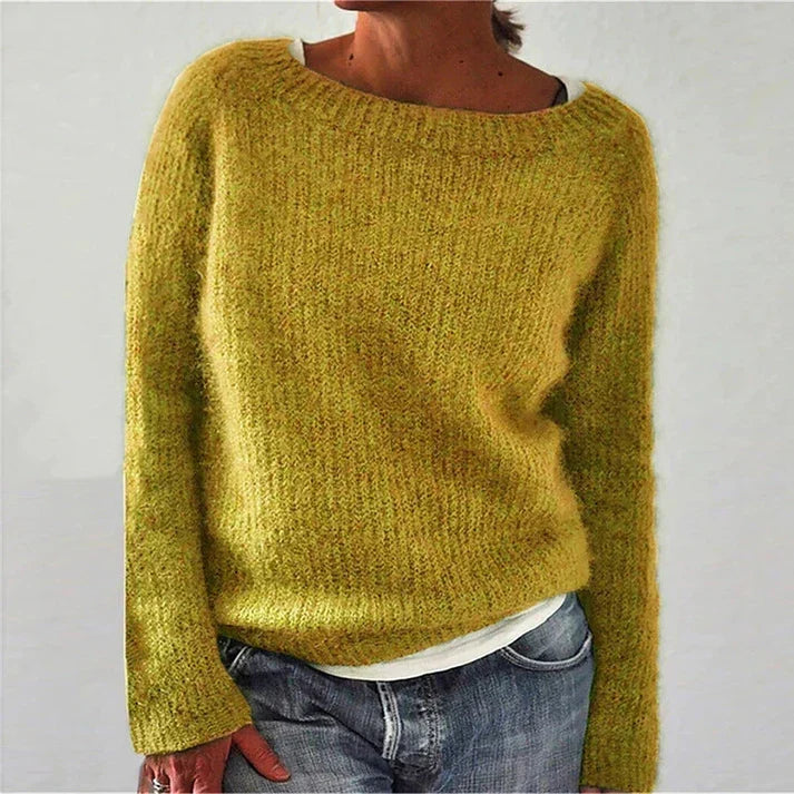 Women's Jumper Long Sleeve with Boat Neck and Ribbed Trim - Yellow