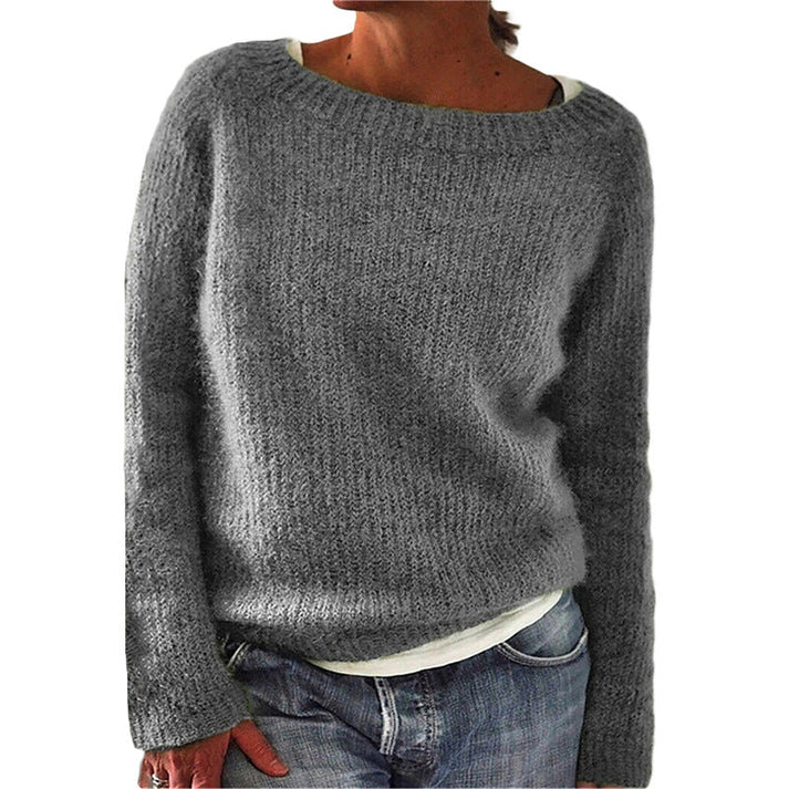 Women's Jumper Long Sleeve with Boat Neck and Ribbed Trim - Grey