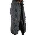 Women's Long Cable Knit Cardigan with Button Front and Hood - Dark Grey