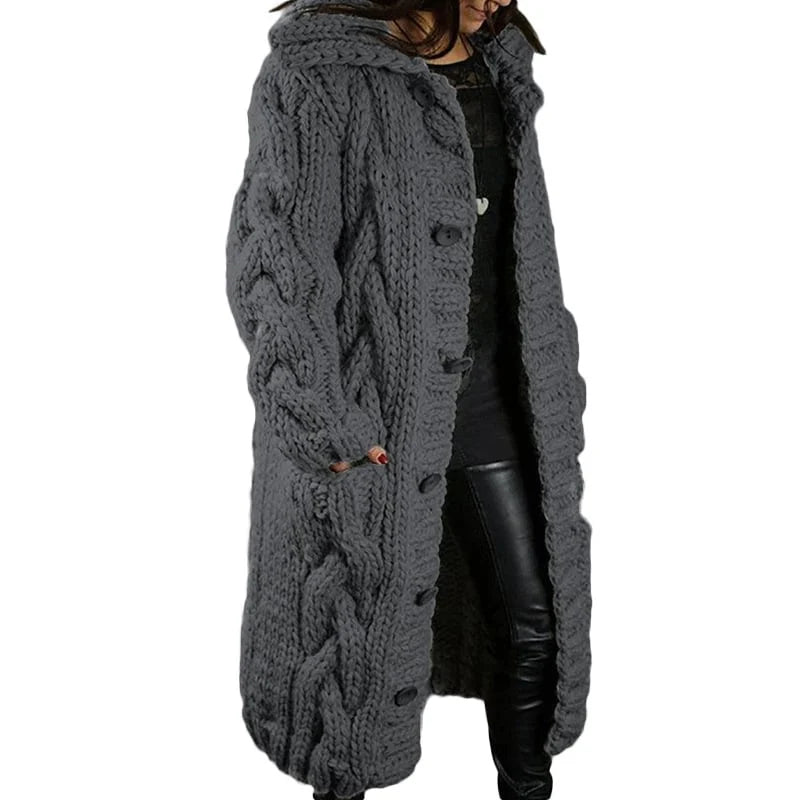 Women's Long Cable Knit Cardigan with Button Front and Hood - Dark Grey
