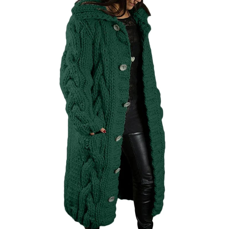Women's Long Cable Knit Cardigan with Button Front and Hood - Green