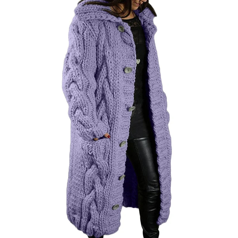 Women's Long Cable Knit Cardigan with Button Front and Hood - Purple