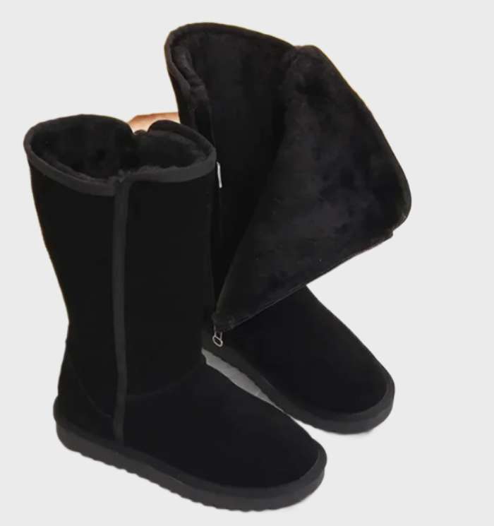 Women's Warm Lined Boots with Side Zip and Flat Sole - Black