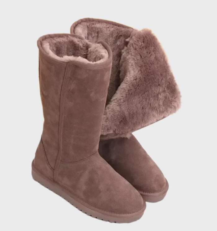 Women's Warm Lined Boots with Side Zip and Flat Sole - Brown