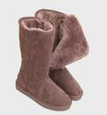 Women's Warm Lined Boots with Side Zip and Flat Sole - Brown