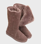 Women's Warm Lined Boots with Side Zip and Flat Sole - Brown