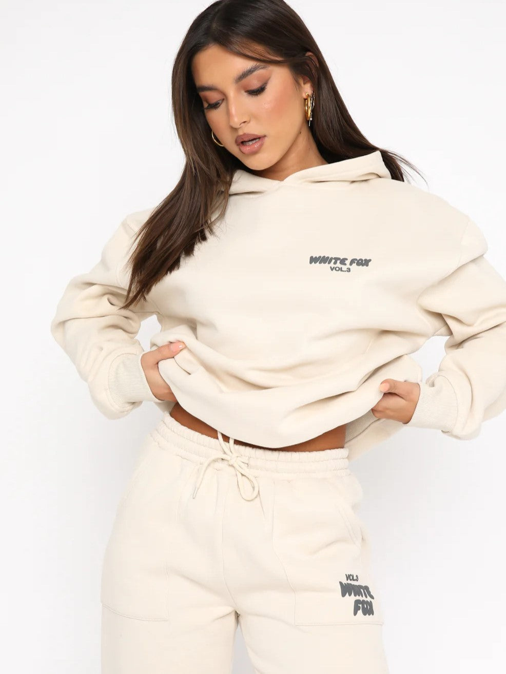 Women's Cropped Hoodie Tracksuit Set with Drawstring Joggers