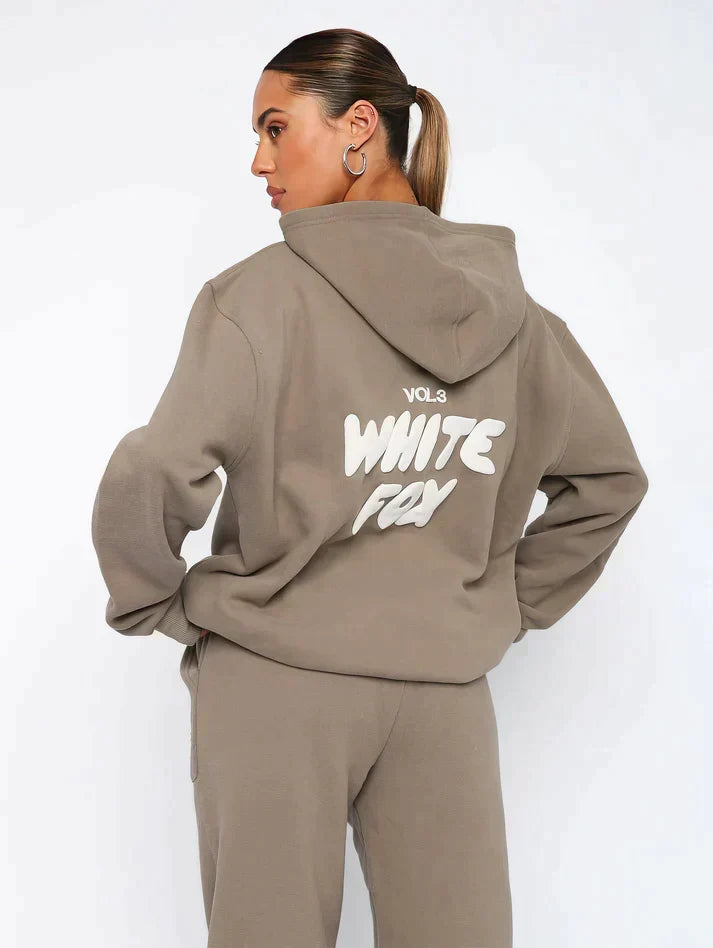 Women's Cropped Hoodie Tracksuit Set with Drawstring Joggers - Light Brown