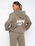 Women's Cropped Hoodie Tracksuit Set with Drawstring Joggers - Light Brown
