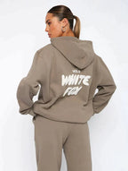 Women's Cropped Hoodie Tracksuit Set with Drawstring Joggers - Light Brown
