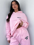 Women's Cropped Hoodie Tracksuit Set with Drawstring Joggers - Pink