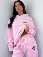 Women's Cropped Hoodie Tracksuit Set with Drawstring Joggers - Pink