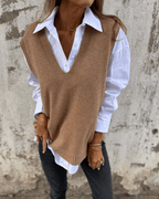 Women's Knitted Tank Top with V-Neck - Brown