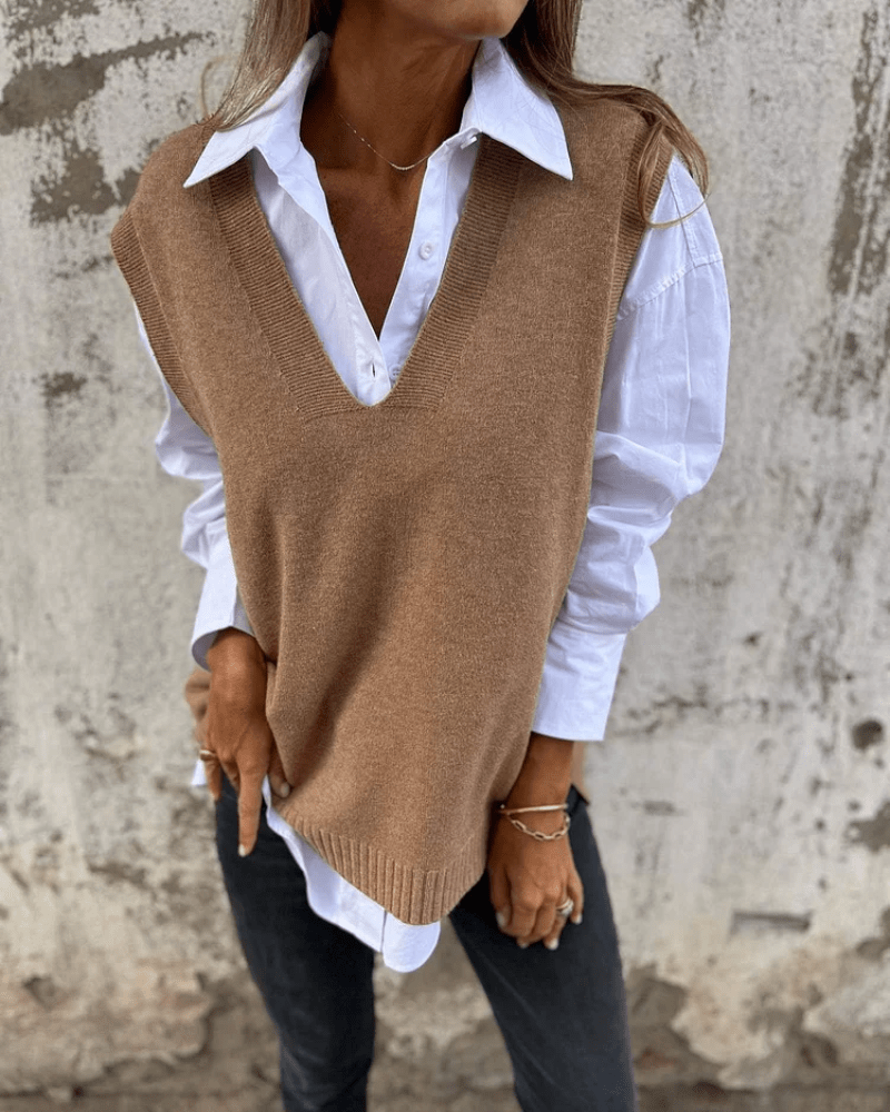 Women's Knitted Tank Top with V-Neck - Brown