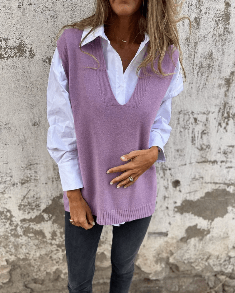 Women's Knitted Tank Top with V-Neck - Purple