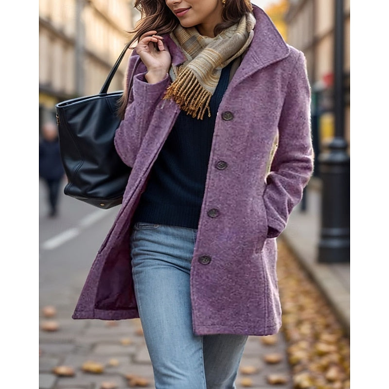 Women's Button-Front Turndown Collar Coat - Purple