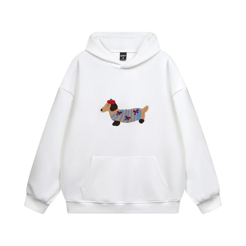 Women's Hoodie with Embroidered Dachshund Design - White