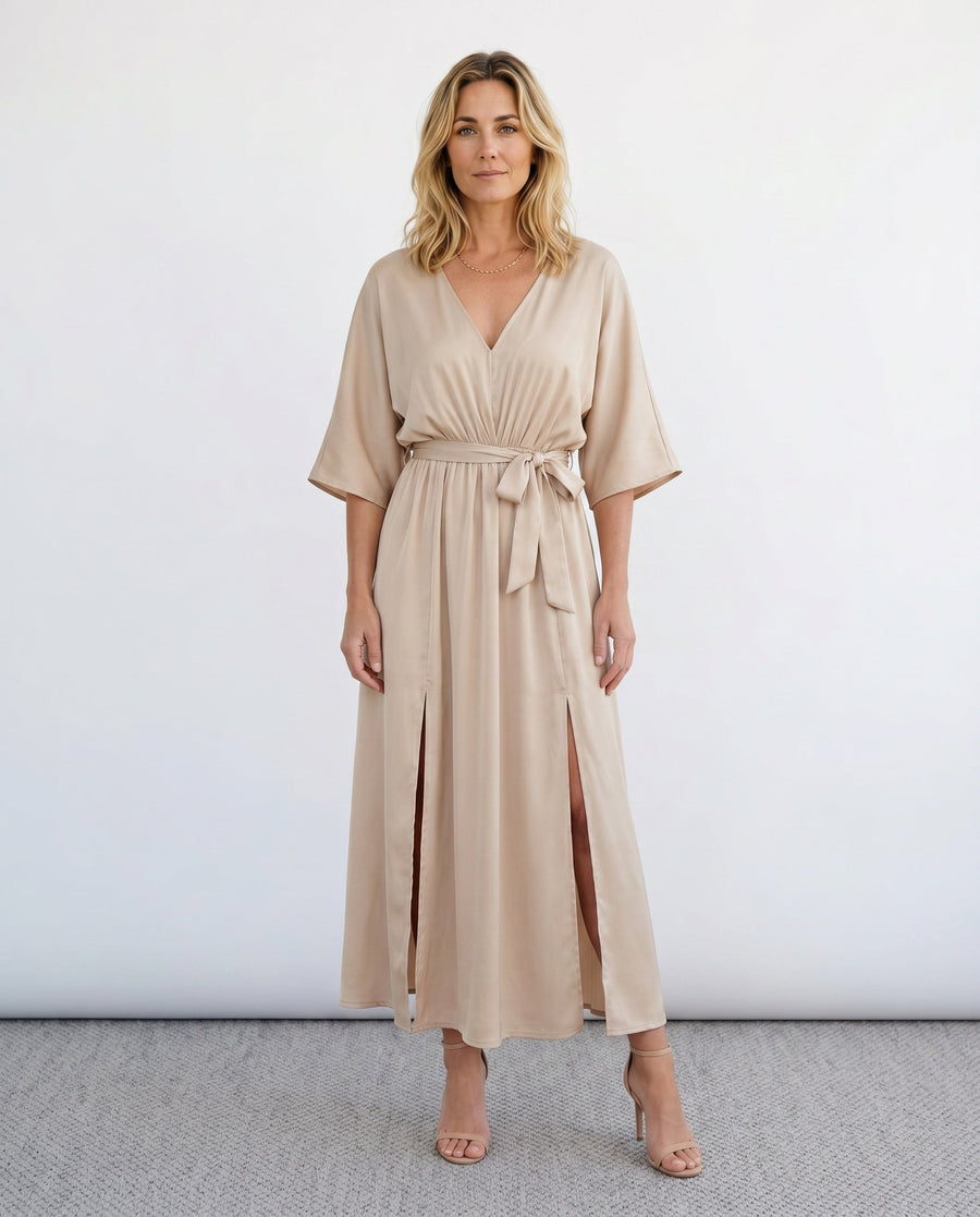 Women's Maxi Dress with Open Back and Tie-Back V-Neck