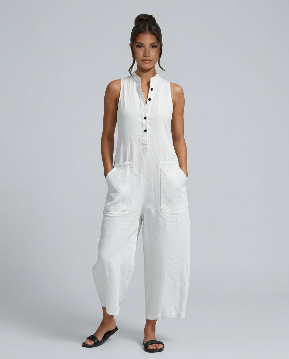 Women's Sleeveless Jumpsuit with Stand Collar and Wide Leg - White