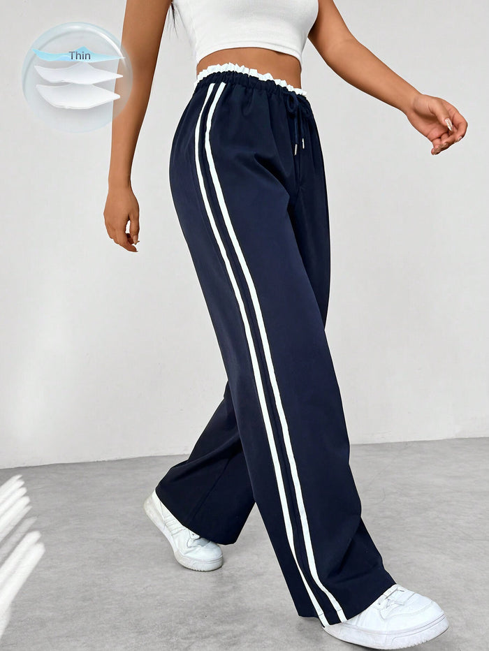 Women's Track Trousers Straight Leg with Side Stripes and Elastic Waistband - Dark Blue