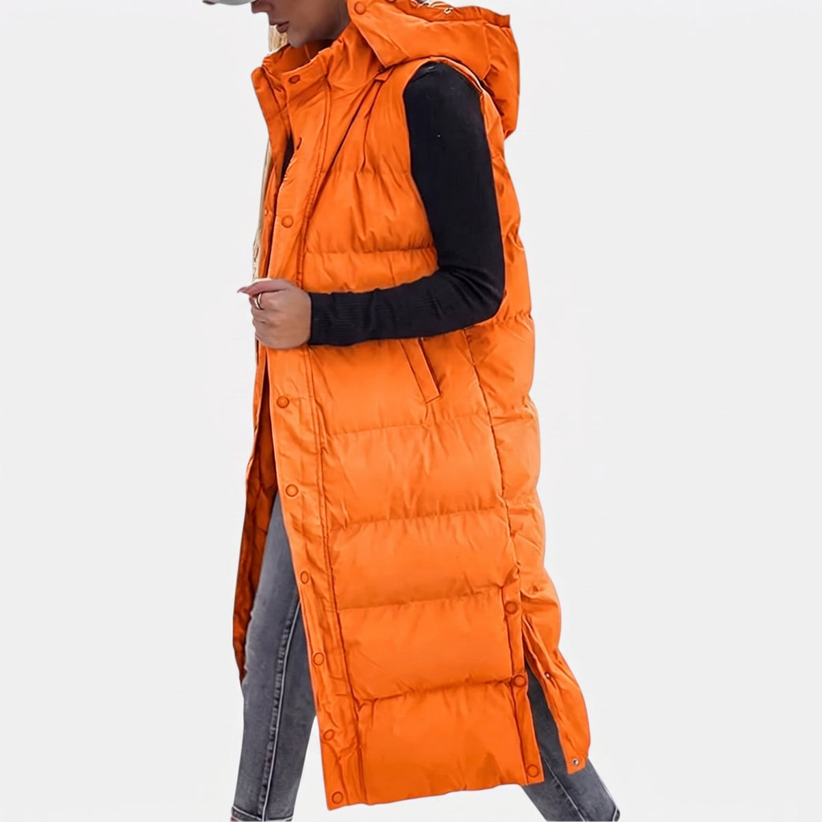 Women's Puffer Gilet Quilted Hooded Maxi Length Button Down - Orange