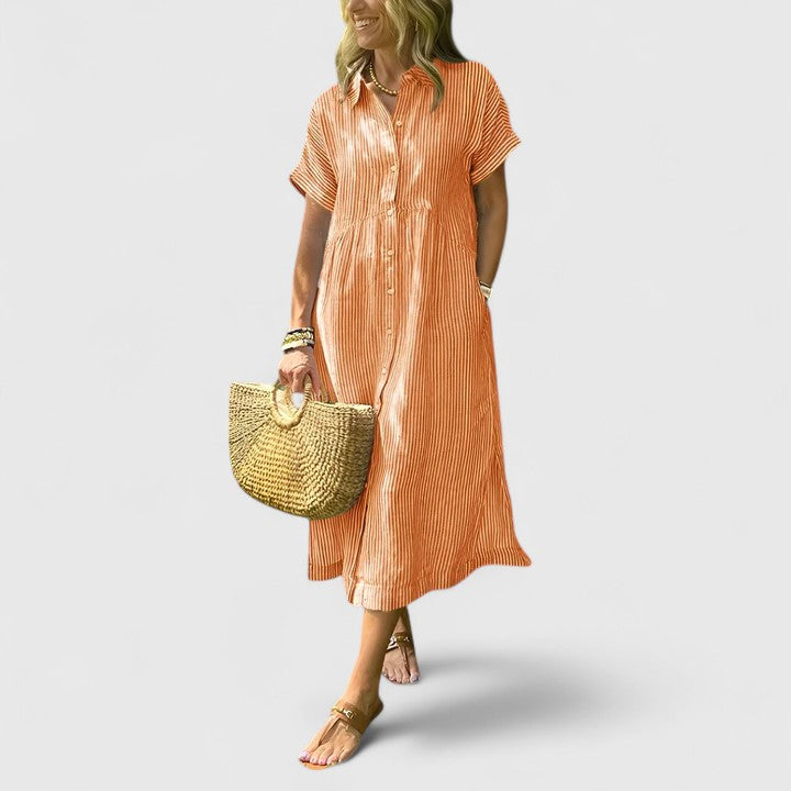 Women's Striped Shirt Dress Short Sleeve Button-Front Midi - Coral
