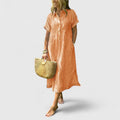 Women's Striped Shirt Dress Short Sleeve Button-Front Midi - Coral