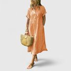 Women's Striped Shirt Dress Short Sleeve Button-Front Midi - Coral