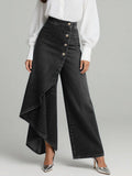 Women's High-Waist Wide-Leg Jeans with Asymmetric Skort Overlay - Black