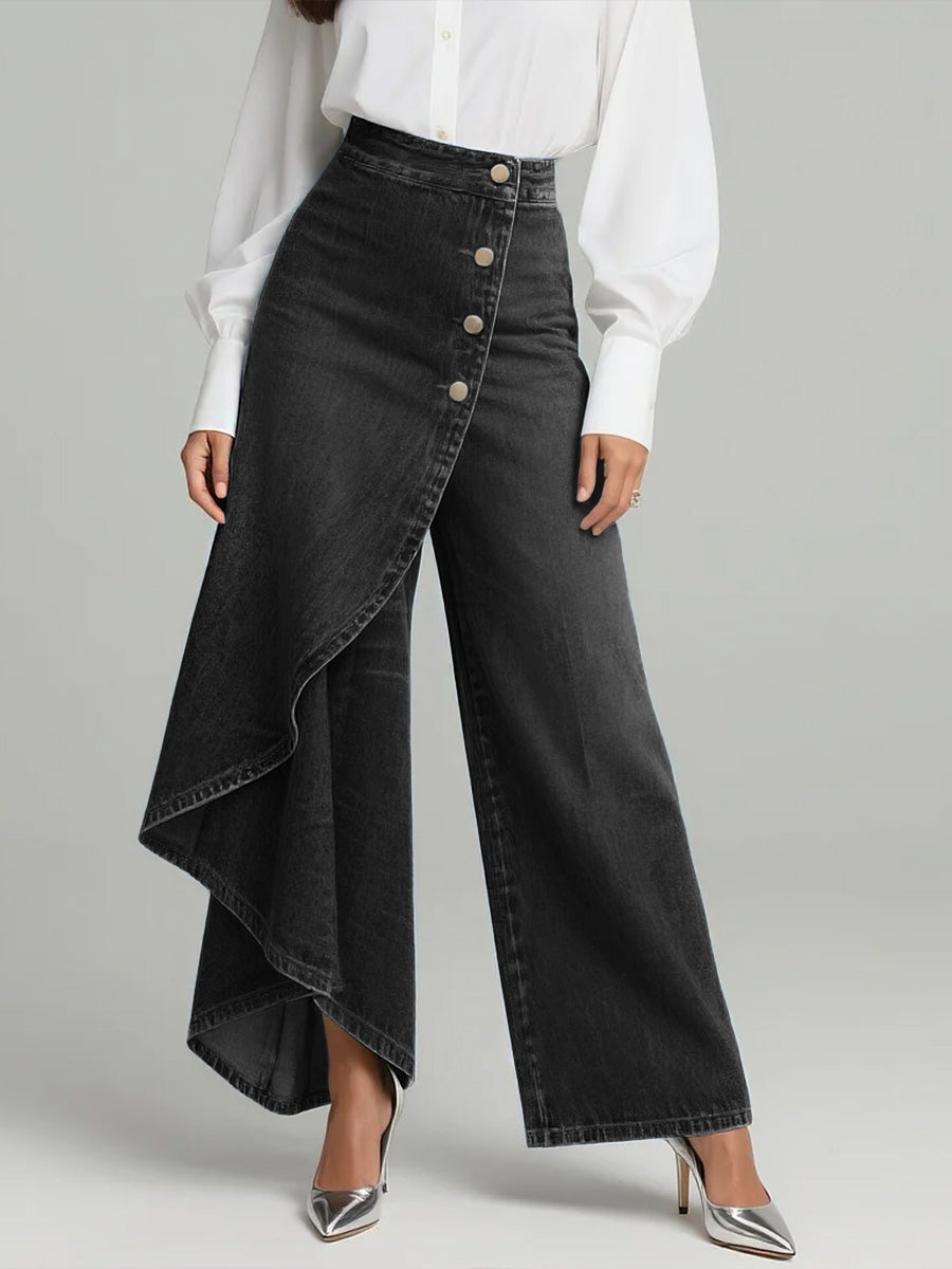 Women's High-Waist Wide-Leg Jeans with Asymmetric Skort Overlay - Black