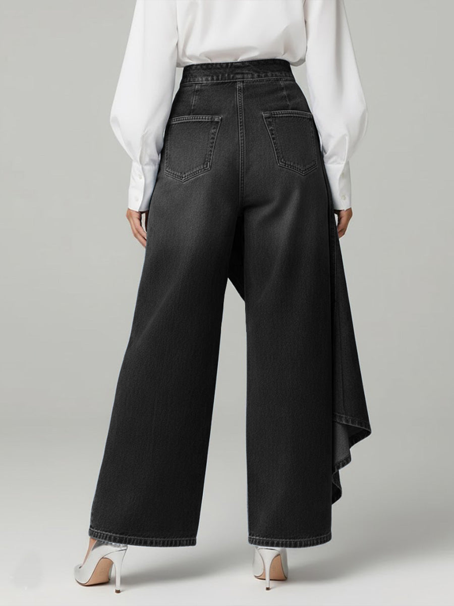 Women's High-Waist Wide-Leg Jeans with Asymmetric Skort Overlay - 7