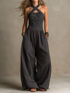 Women's Sleeveless Jumpsuit with Halter Crossover Neckline - Black