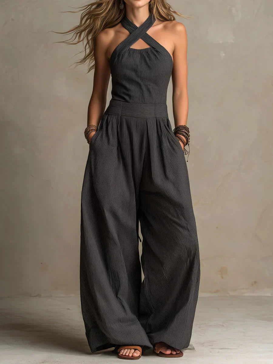 Women's Sleeveless Jumpsuit with Halter Crossover Neckline - Black