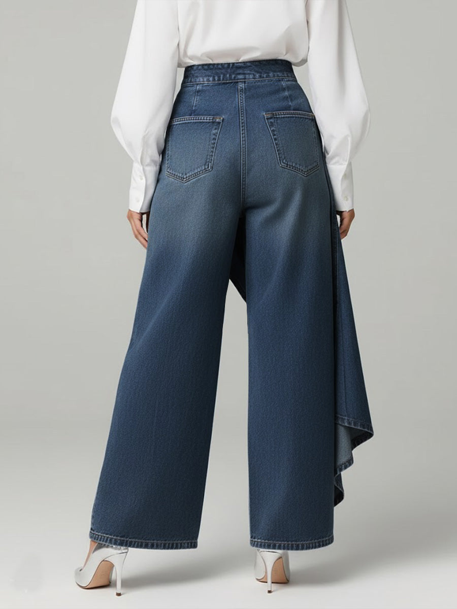 Women's High-Waist Wide-Leg Jeans with Asymmetric Skort Overlay - 5