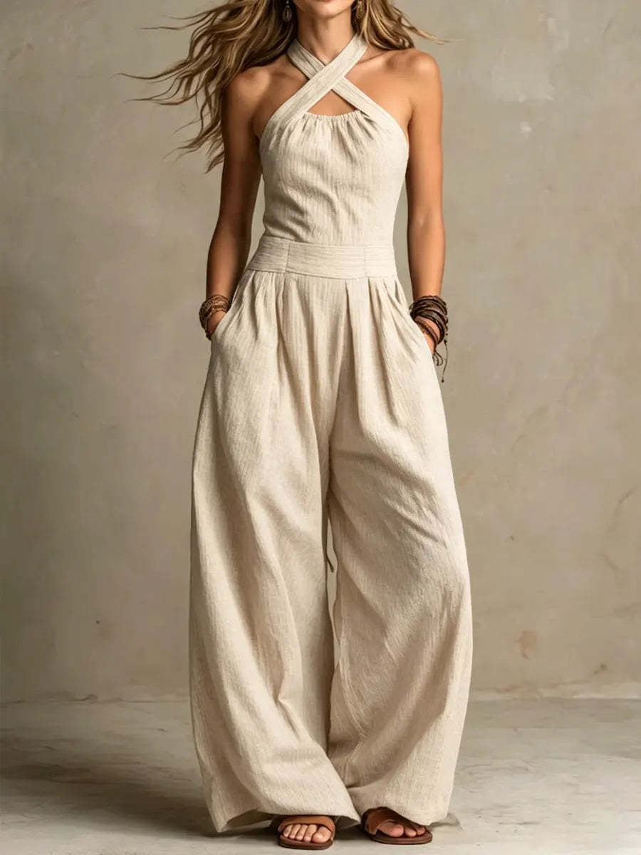 Women's Sleeveless Jumpsuit with Halter Crossover Neckline - Beige