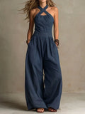 Women's Sleeveless Jumpsuit with Halter Crossover Neckline - Navy