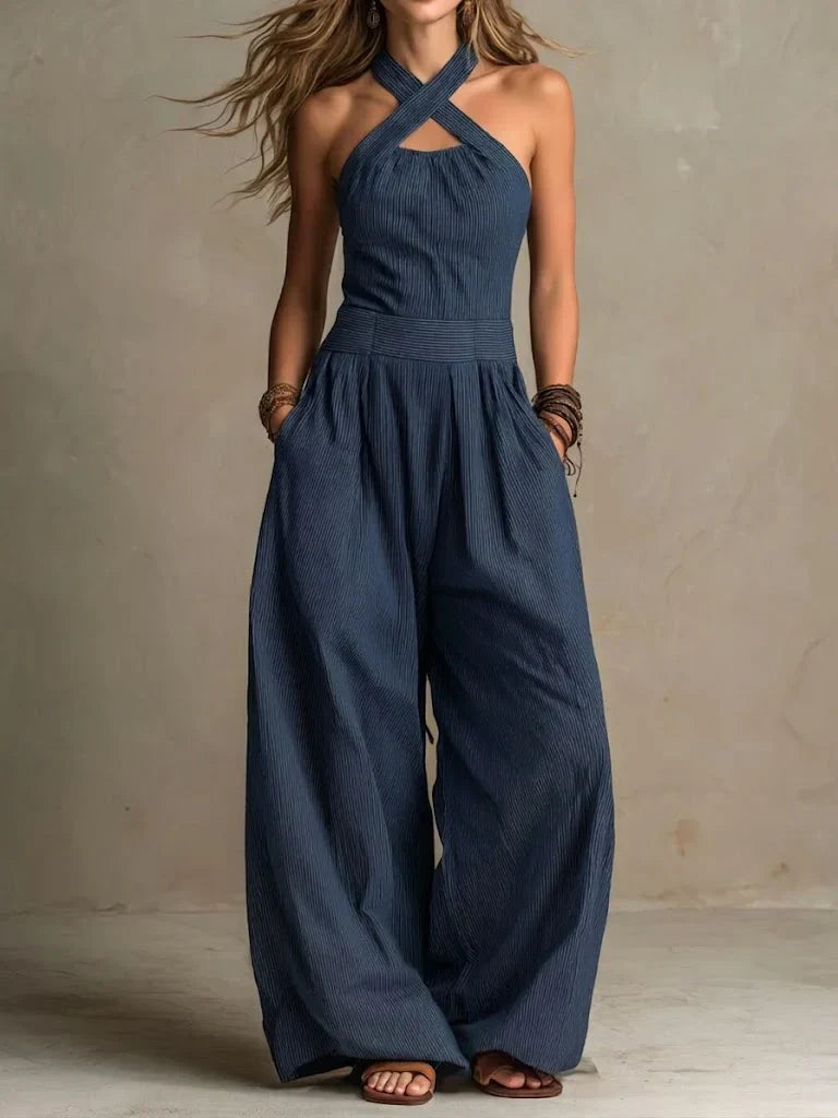 Women's Sleeveless Jumpsuit with Halter Crossover Neckline - Navy