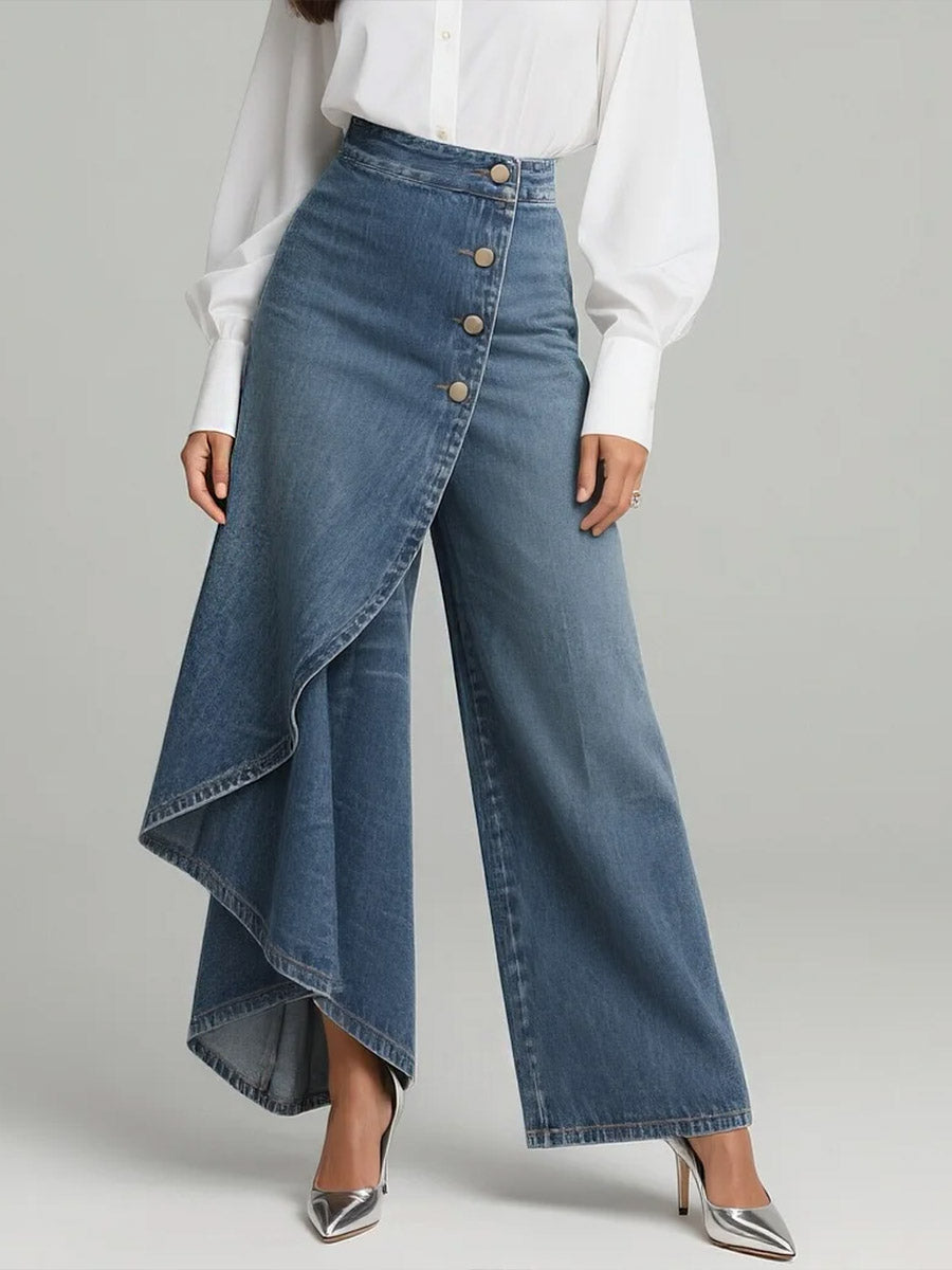 Women's High-Waist Wide-Leg Jeans with Asymmetric Skort Overlay - 2
