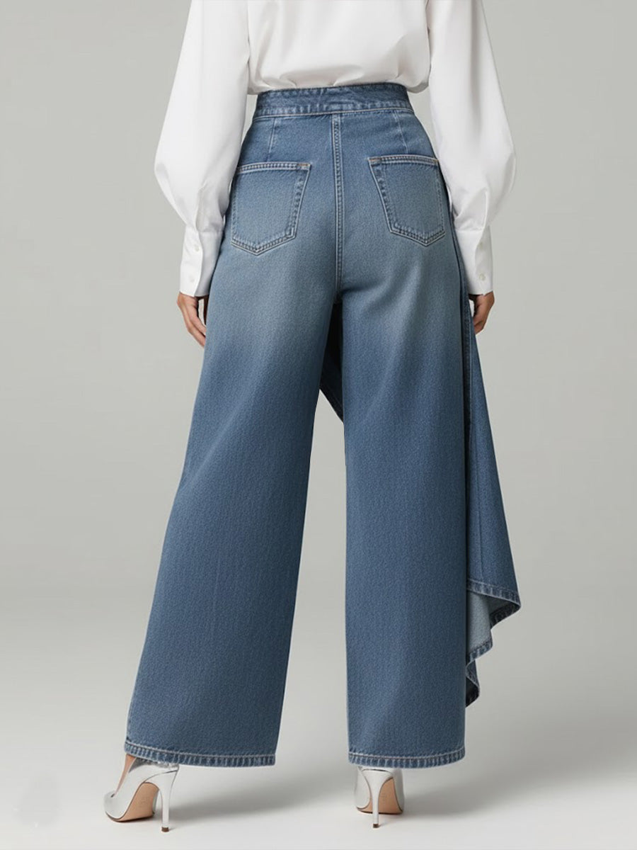 Women's High-Waist Wide-Leg Jeans with Asymmetric Skort Overlay - 3