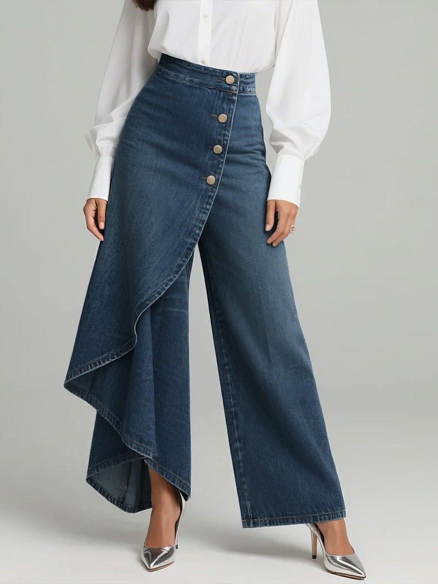 Women's High-Waist Wide-Leg Jeans with Asymmetric Skort Overlay - Navy Blue
