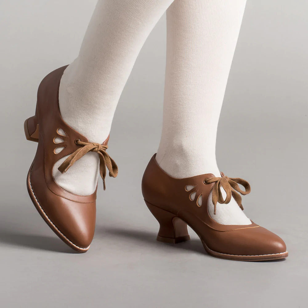 Women's Lace-Up Leather Pumps with Sculpted Heel - 14