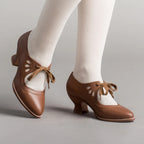 Women's Lace-Up Leather Pumps with Sculpted Heel - 14