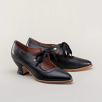 Women's Lace-Up Leather Pumps with Sculpted Heel - Black