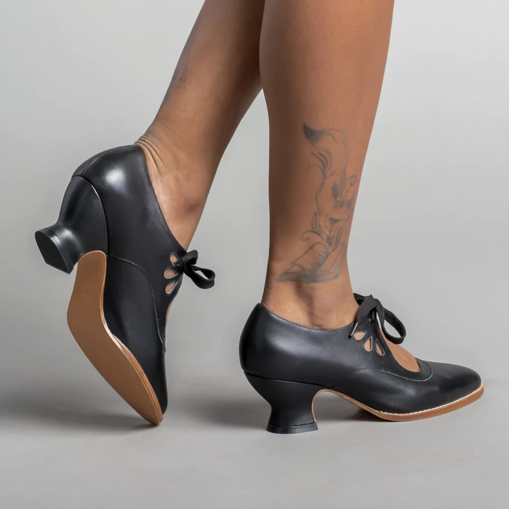 Women's Lace-Up Leather Pumps with Sculpted Heel - 12