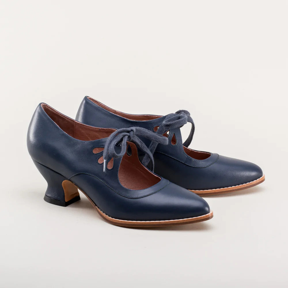 Women's Lace-Up Leather Pumps with Sculpted Heel - Blue