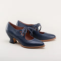 Women's Lace-Up Leather Pumps with Sculpted Heel - Blue